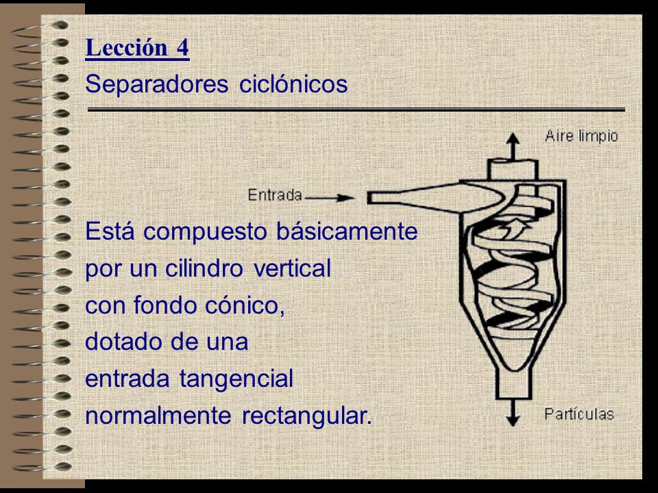 Lección 4 Separadores ciclónicos. Está compuesto básicamente. por un cilindro vertical. con fondo cónico,