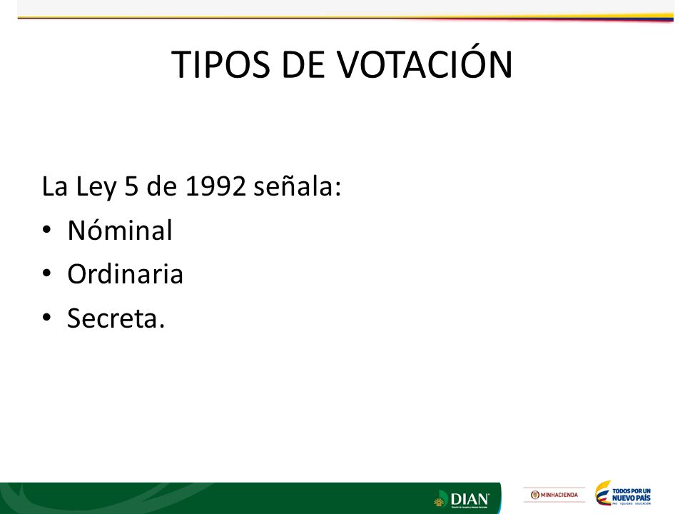 TIPOS DE VOTACIÓN La Ley 5 de 1992 señala: Nóminal Ordinaria Secreta.