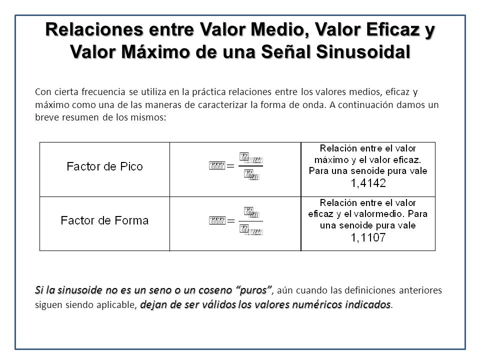 Relaciones entre Valor Medio, Valor Eficaz y Valor Máximo de una Señal Sinusoidal