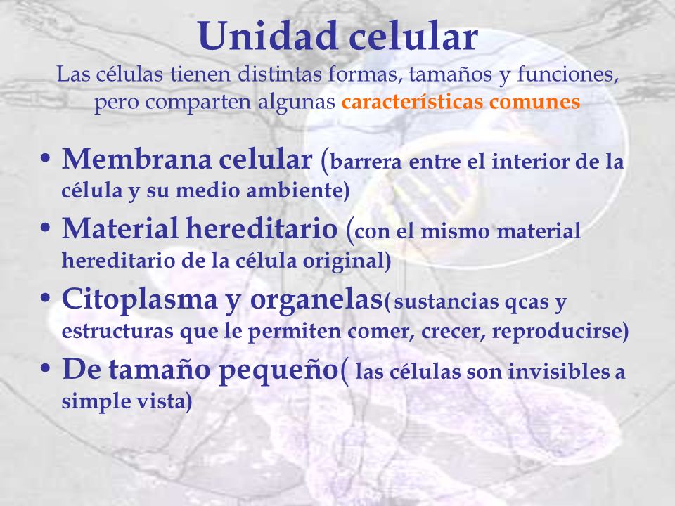 Unidad celular Las células tienen distintas formas, tamaños y funciones, pero comparten algunas características comunes