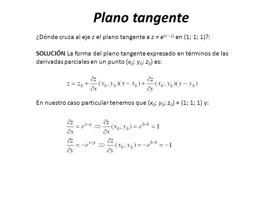 Plano tangente ¿Dónde cruza al eje z el plano tangente a z = e(x - y) en (1; 1; 1) :