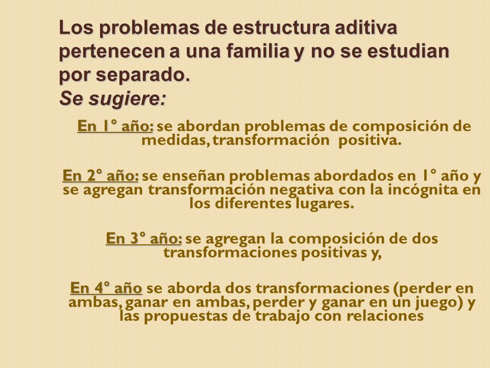 Los problemas de estructura aditiva pertenecen a una familia y no se estudian por separado. Se sugiere: