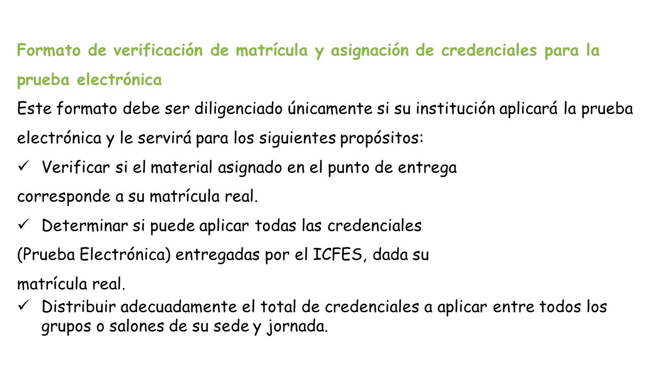 Formato de verificación de matrícula y asignación de credenciales para la prueba electrónica