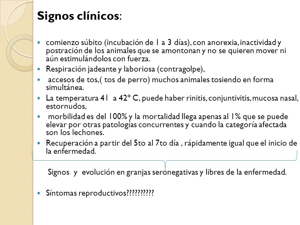 Signos y evolución en granjas seronegativas y libres de la enfermedad.
