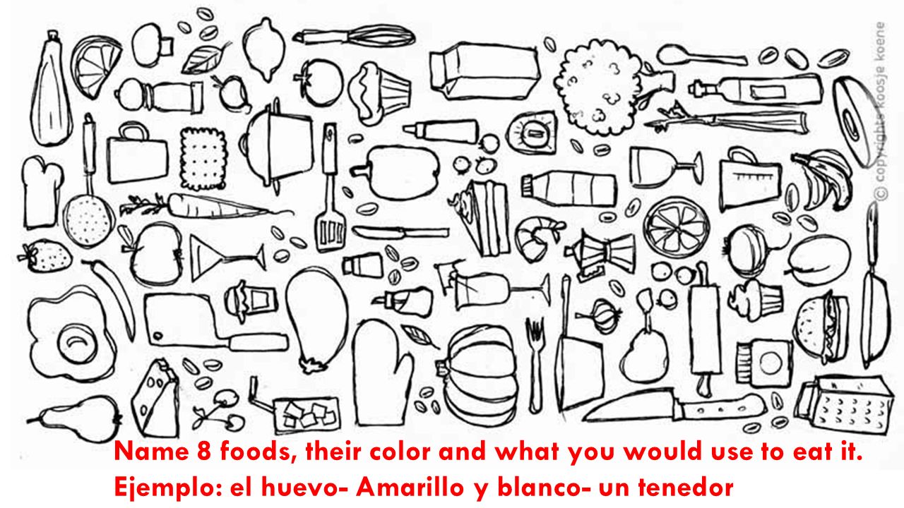 Entrada 7.19 Name 8 foods, their color and what you would use to eat it.