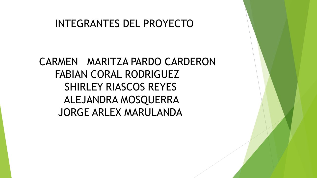 INTEGRANTES DEL PROYECTO CARMEN MARITZA PARDO CARDERON FABIAN CORAL RODRIGUEZ SHIRLEY RIASCOS REYES ALEJANDRA MOSQUERRA JORGE ARLEX MARULANDA