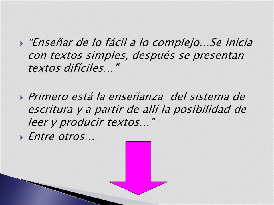 Enseñar de lo fácil a lo complejo…Se inicia con textos simples, después se presentan textos difíciles…