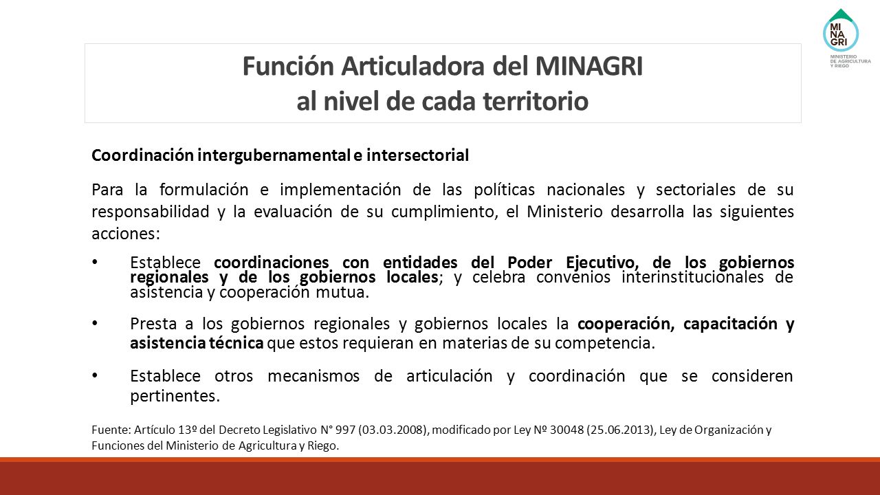 Función Articuladora del MINAGRI al nivel de cada territorio