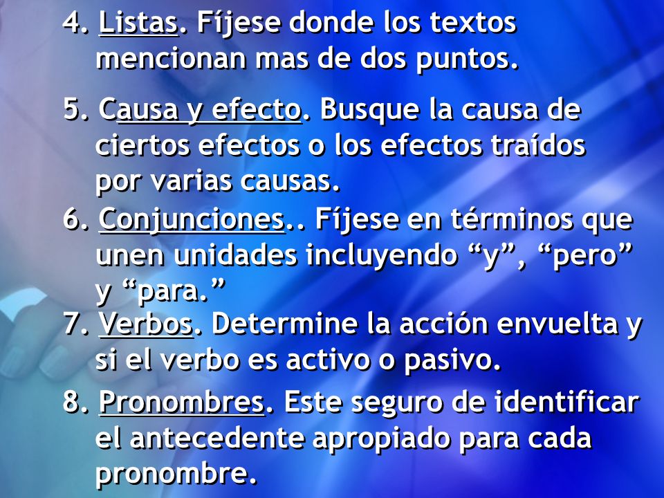 4. Listas. Fíjese donde los textos mencionan mas de dos puntos.
