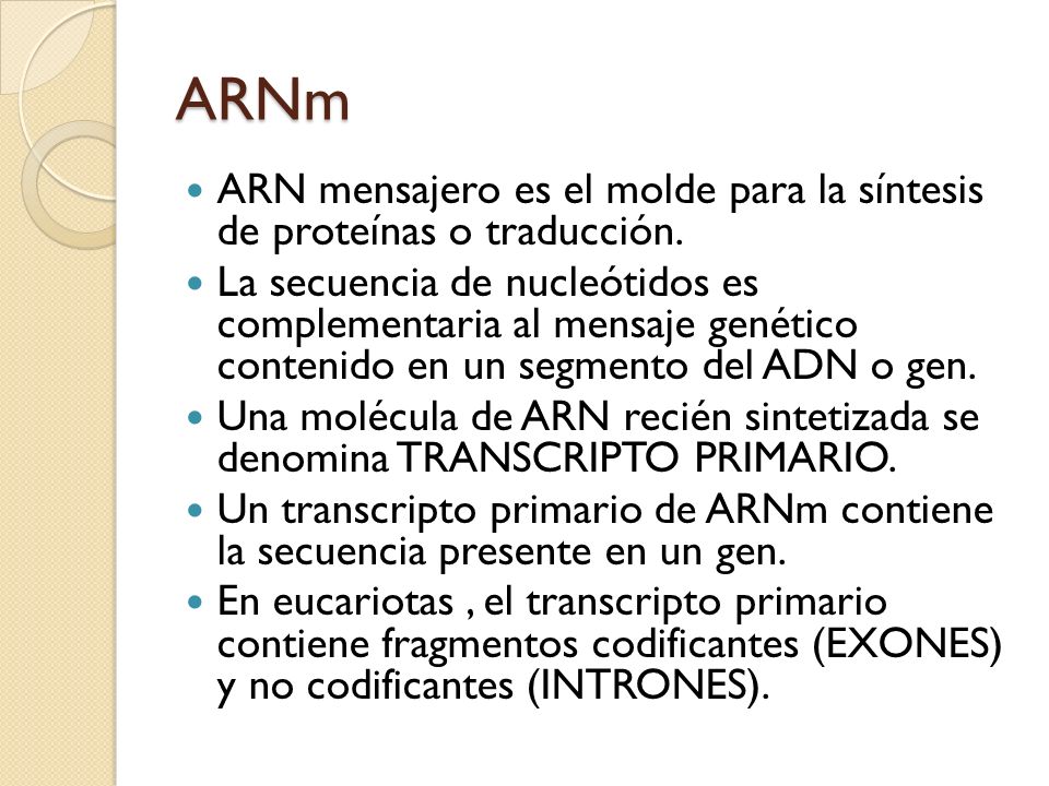 ARNm ARN mensajero es el molde para la síntesis de proteínas o traducción.