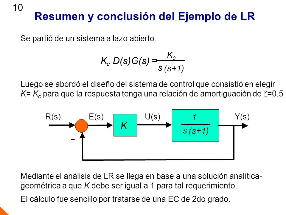 - Resumen y conclusión del Ejemplo de LR 10 Kc D(s)G(s) = K Kc s (s+1)