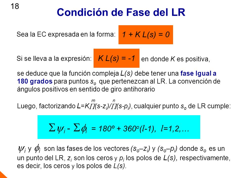 yi -fi = 180º + 360o(l-1), l=1,2,… Condición de Fase del LR