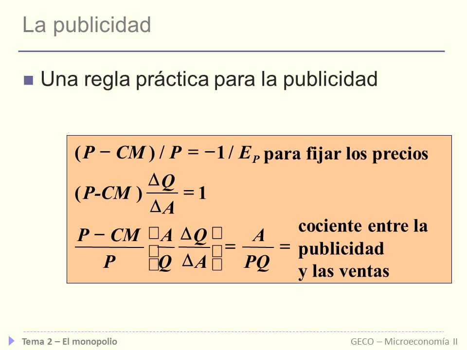 La publicidad Una regla práctica para la publicidad ( P - CM ) / P = -