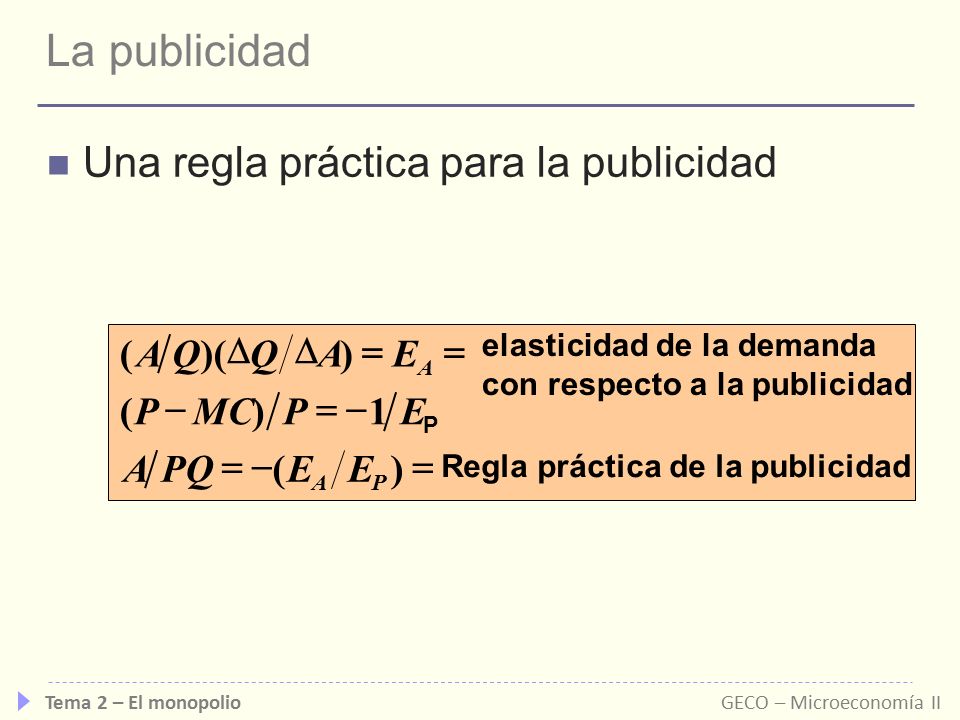 La publicidad Una regla práctica para la publicidad ( A Q )( D Q D A )