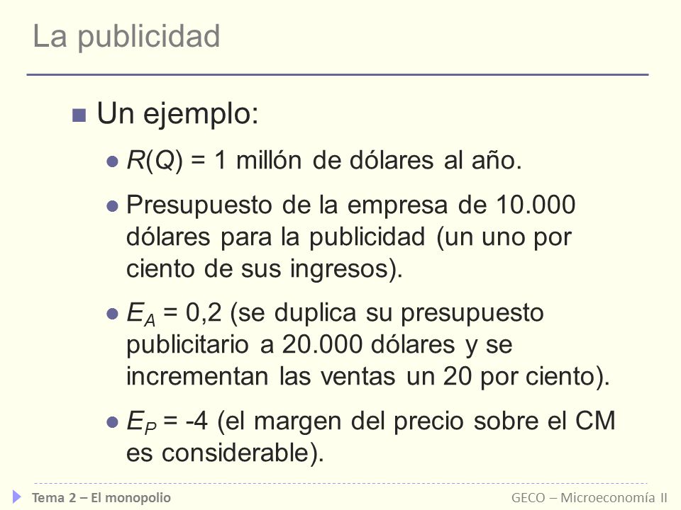 La publicidad Un ejemplo: R(Q) = 1 millón de dólares al año.
