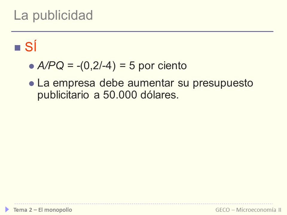 La publicidad SÍ A/PQ = -(0,2/-4) = 5 por ciento