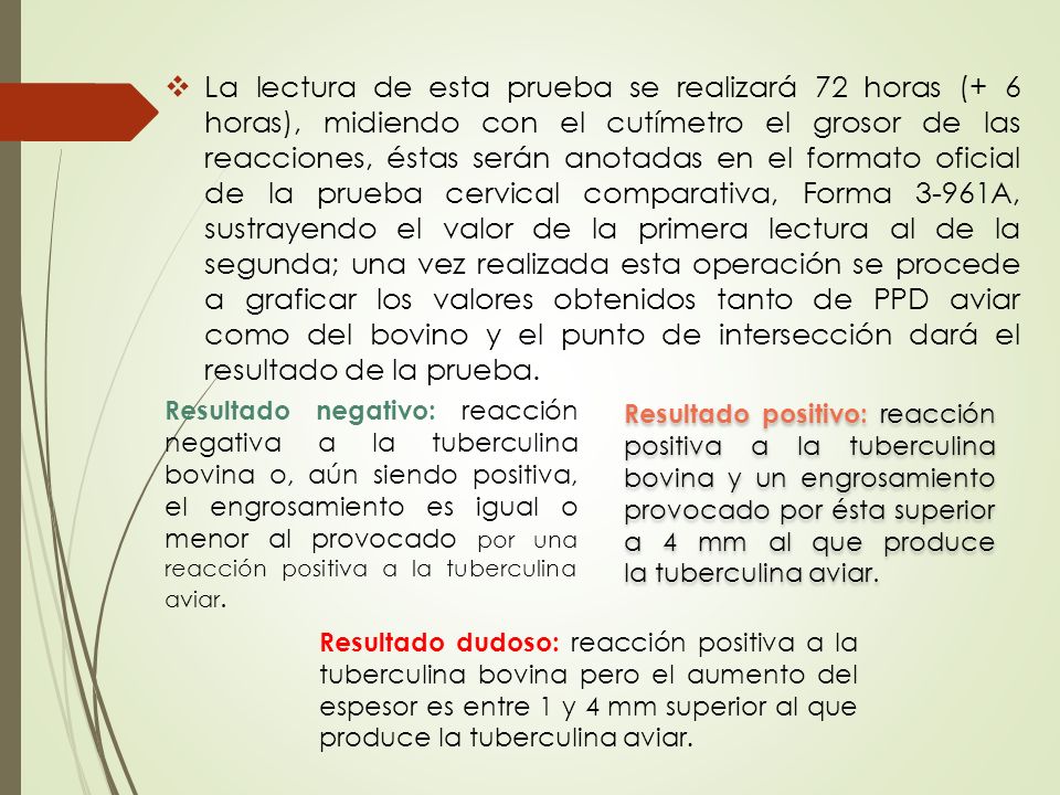La lectura de esta prueba se realizará 72 horas (+ 6 horas), midiendo con el cutímetro el grosor de las reacciones, éstas serán anotadas en el formato oficial de la prueba cervical comparativa, Forma 3-961A, sustrayendo el valor de la primera lectura al de la segunda; una vez realizada esta operación se procede a graficar los valores obtenidos tanto de PPD aviar como del bovino y el punto de intersección dará el resultado de la prueba.