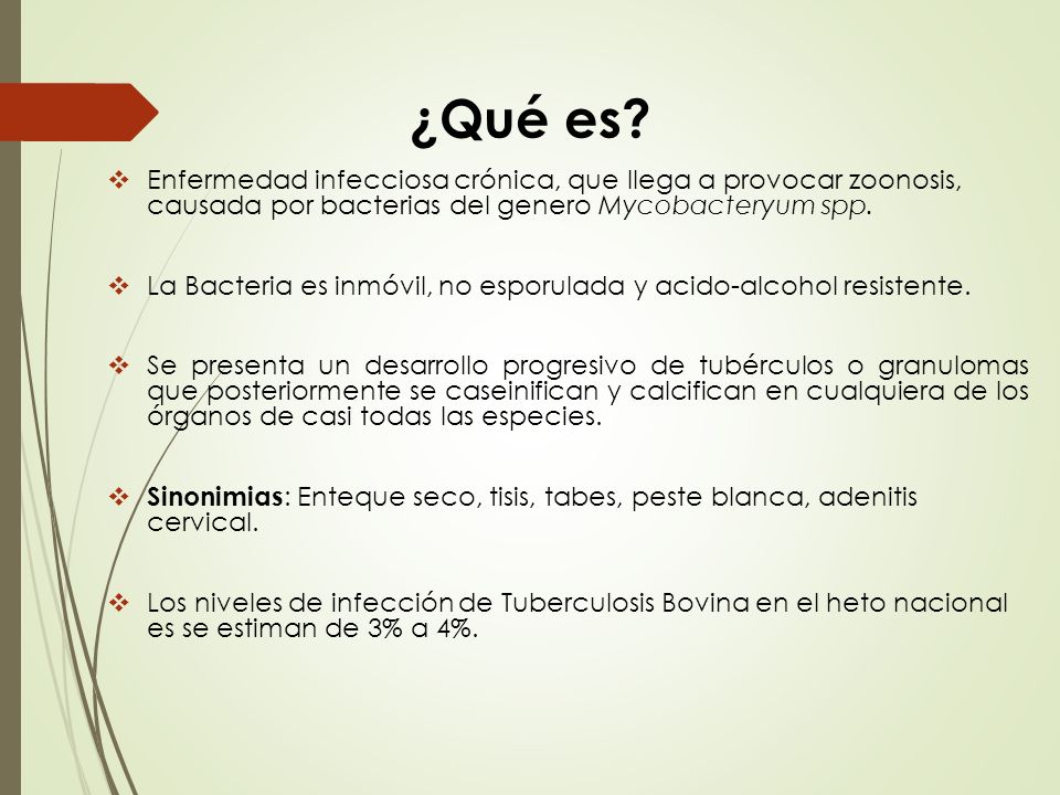 ¿Qué es Enfermedad infecciosa crónica, que llega a provocar zoonosis, causada por bacterias del genero Mycobacteryum spp.
