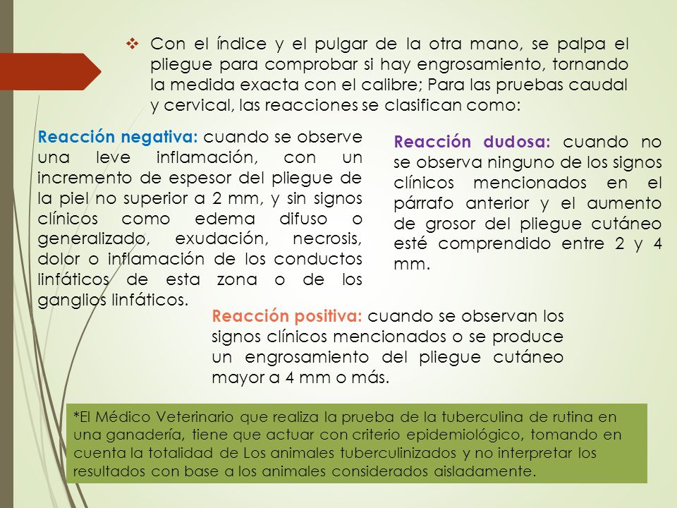 Con el índice y el pulgar de la otra mano, se palpa el pliegue para comprobar si hay engrosamiento, tornando la medida exacta con el calibre; Para las pruebas caudal y cervical, las reacciones se clasifican como: