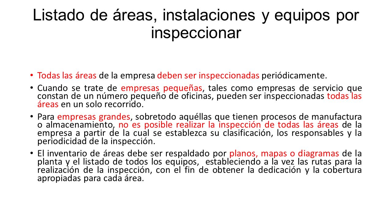 Listado de áreas, instalaciones y equipos por inspeccionar