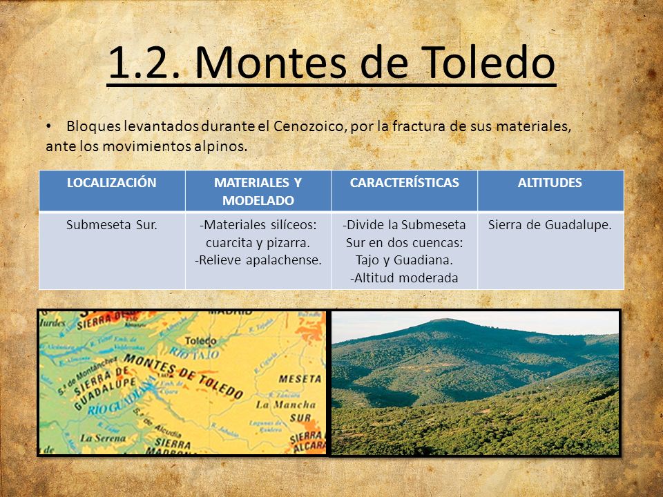 1.2. Montes de Toledo Bloques levantados durante el Cenozoico, por la fractura de sus materiales, ante los movimientos alpinos.