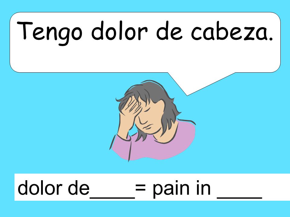 Tengo dolor de cabeza. dolor de____= pain in ____