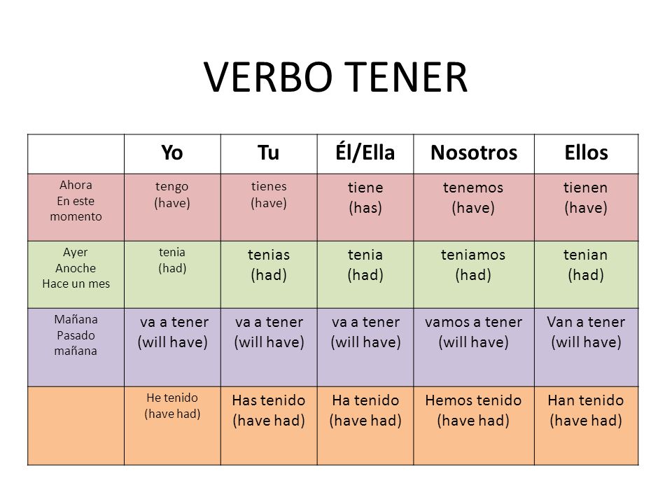 VERBO TENER Yo Tu Él/Ella Nosotros Ellos tiene (has) tenemos tienen