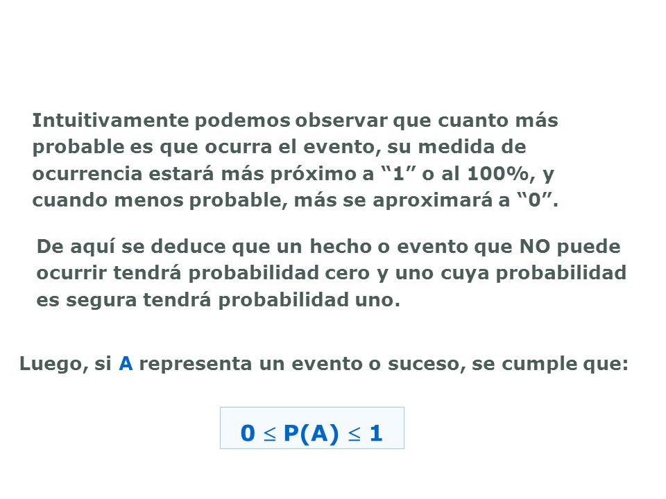 Intuitivamente podemos observar que cuanto más probable es que ocurra el evento, su medida de ocurrencia estará más próximo a 1 o al 100%, y cuando menos probable, más se aproximará a 0 .