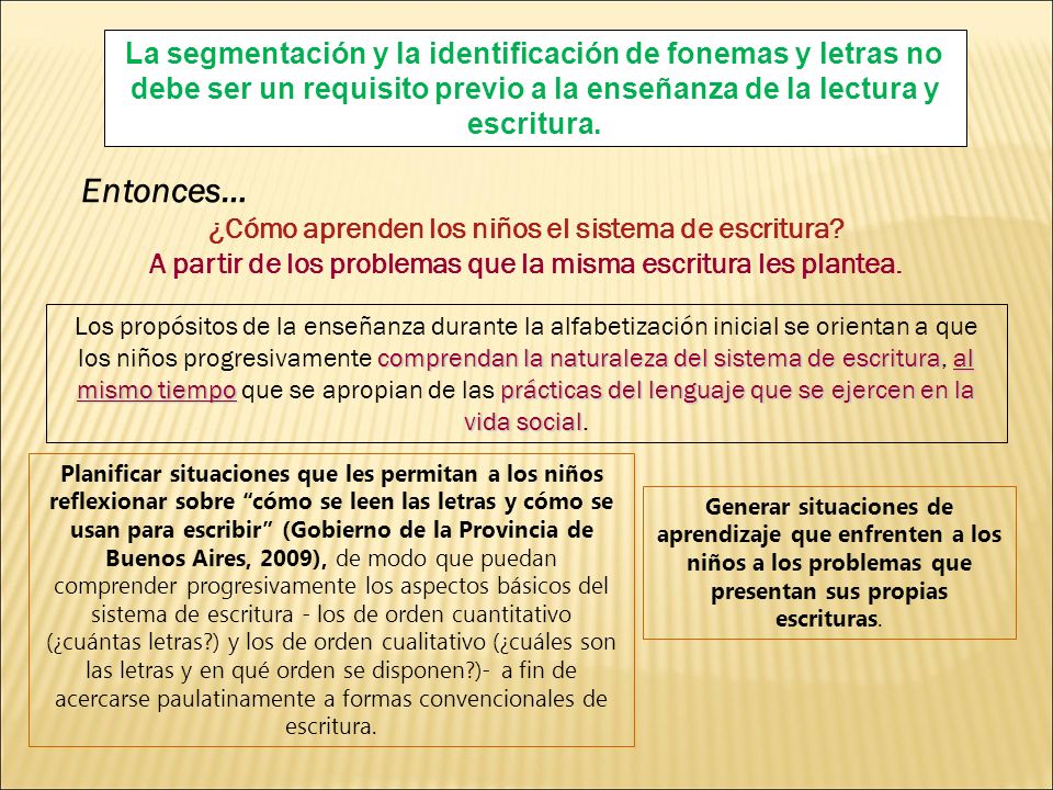 La segmentación y la identificación de fonemas y letras no debe ser un requisito previo a la enseñanza de la lectura y escritura.