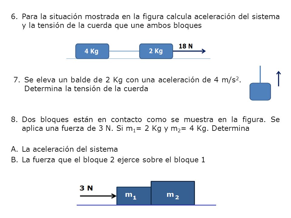 Para la situación mostrada en la figura calcula aceleración del sistema y la tensión de la cuerda que une ambos bloques