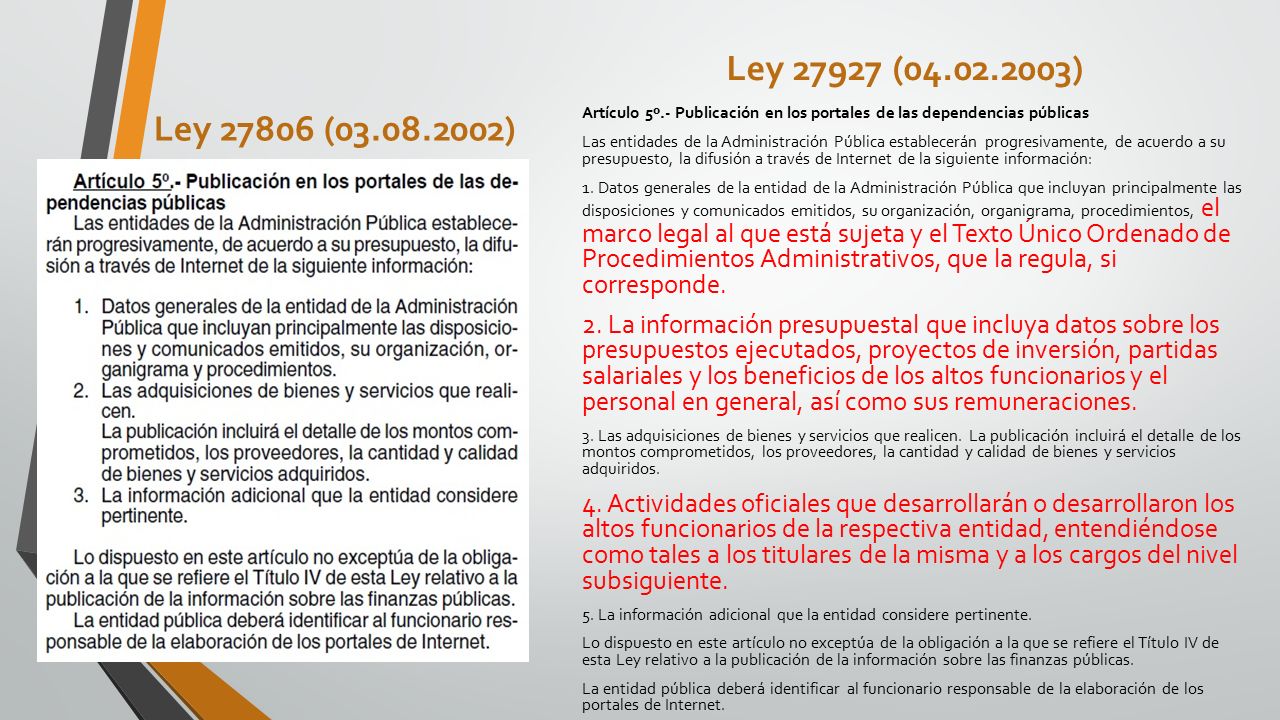 Ley ( ) Ley ( ) Artículo 5º.- Publicación en los portales de las dependencias públicas.