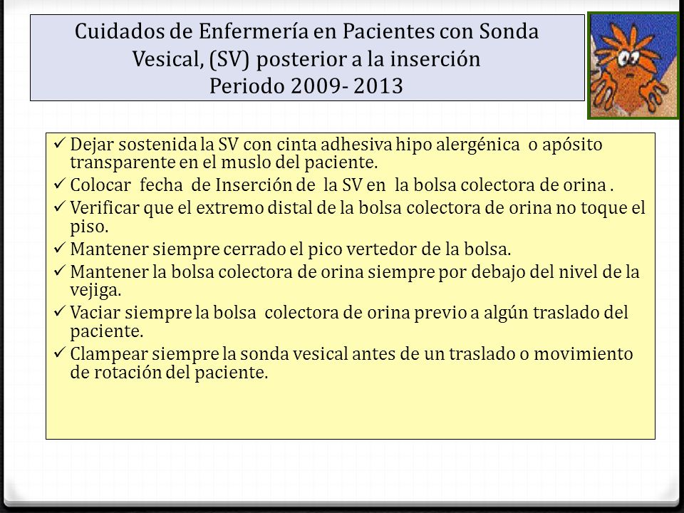 Cuidados de Enfermería en Pacientes con Sonda Vesical, (SV) posterior a la inserción Periodo