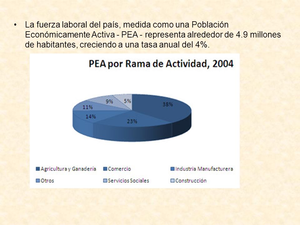 La fuerza laboral del país, medida como una Población Económicamente Activa - PEA - representa alrededor de 4.9 millones de habitantes, creciendo a una tasa anual del 4%.