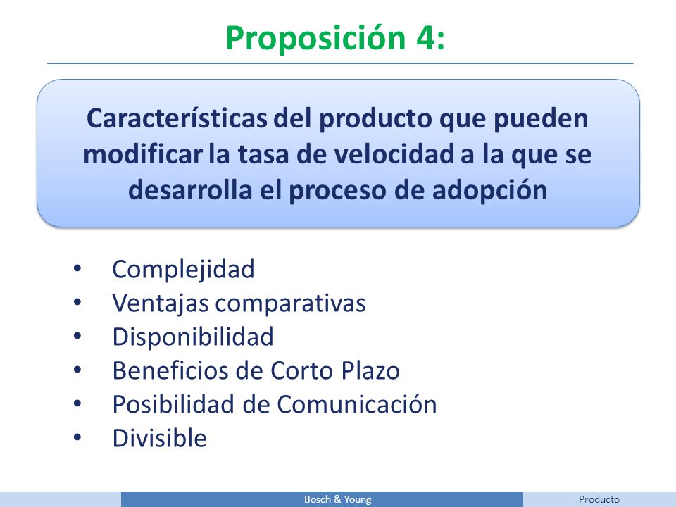 Proposición 4: Características del producto que pueden modificar la tasa de velocidad a la que se desarrolla el proceso de adopción.