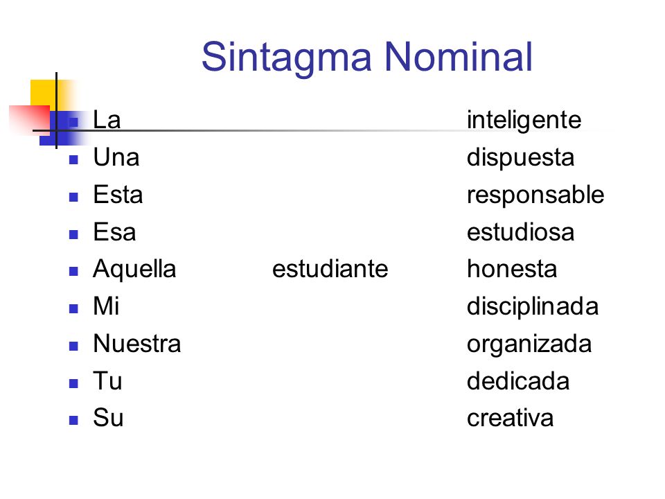 Sintagma Nominal La inteligente Una dispuesta Esta responsable
