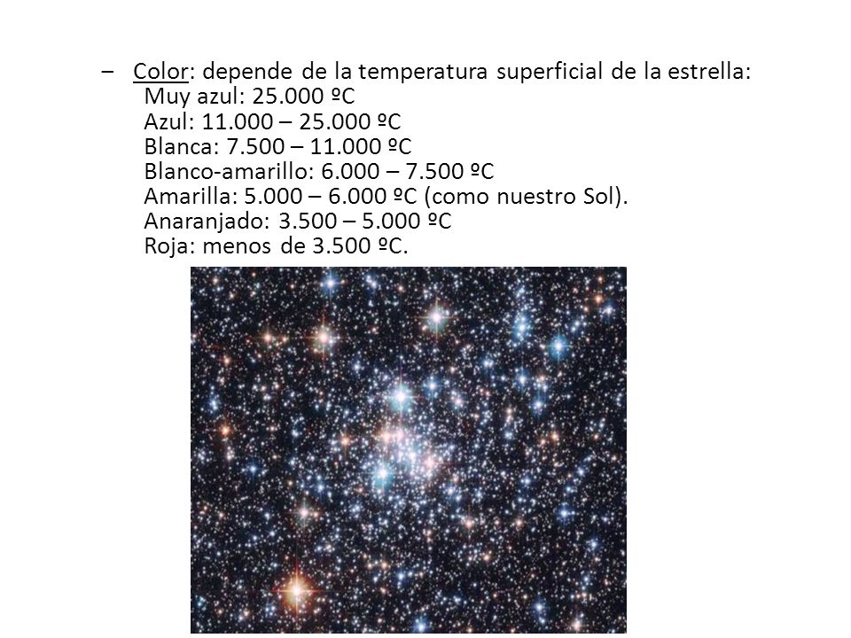 Color: depende de la temperatura superficial de la estrella: