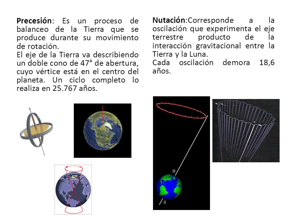 Precesión: Es un proceso de balanceo de la Tierra que se produce durante su movimiento de rotación.