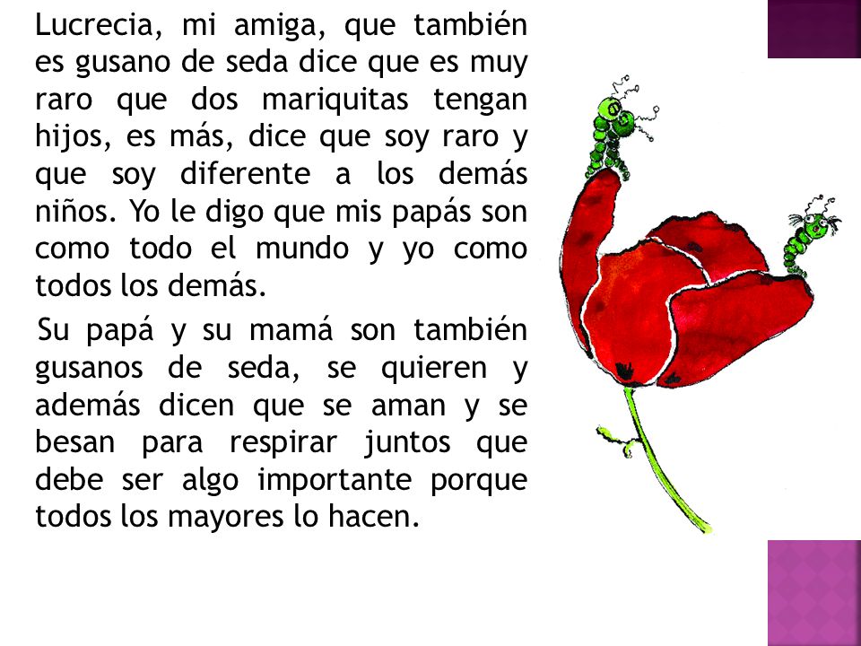 Lucrecia, mi amiga, que también es gusano de seda dice que es muy raro que dos mariquitas tengan hijos, es más, dice que soy raro y que soy diferente a los demás niños. Yo le digo que mis papás son como todo el mundo y yo como todos los demás.