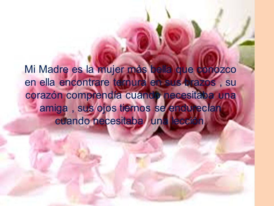 Mi Madre es la mujer más bella que conozco en ella encontrare ternura en sus brazos , su corazón comprendía cuando necesitaba una amiga , sus ojos tiernos se endurecían cuando necesitaba una lección.