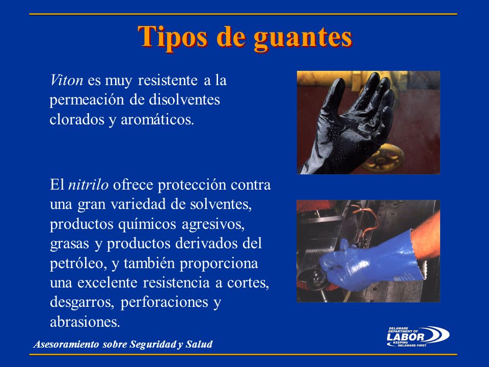 Tipos de guantes Viton es muy resistente a la permeación de disolventes clorados y aromáticos.