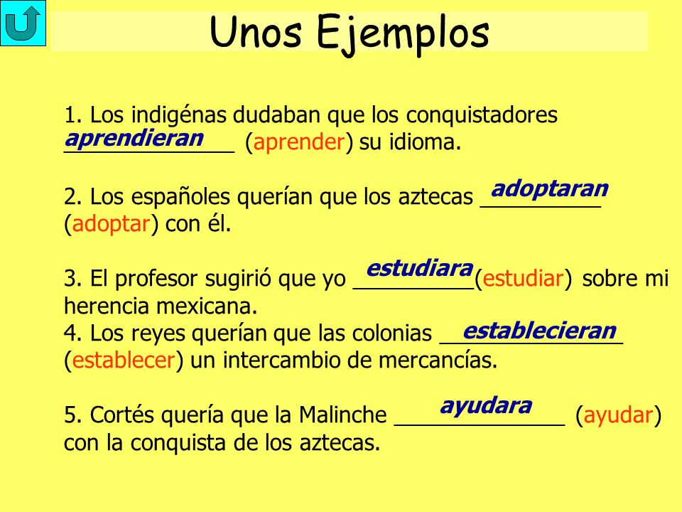 Unos Ejemplos 1. Los indigénas dudaban que los conquistadores ______________ (aprender) su idioma.