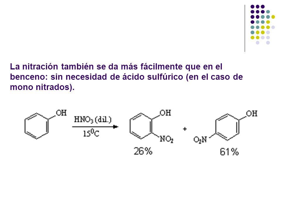 La nitración también se da más fácilmente que en el benceno: sin necesidad de ácido sulfúrico (en el caso de mono nitrados).