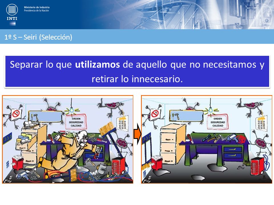1º S – Seiri (Selección) Separar lo que utilizamos de aquello que no necesitamos y retirar lo innecesario.