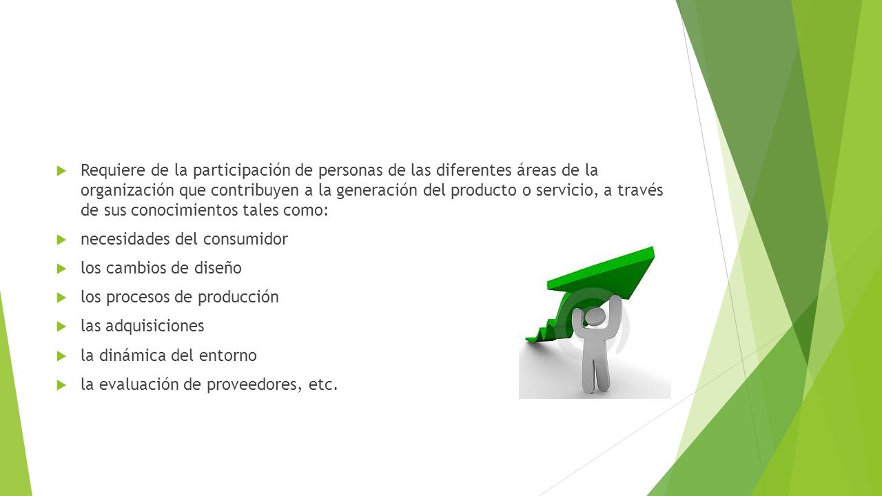 Requiere de la participación de personas de las diferentes áreas de la organización que contribuyen a la generación del producto o servicio, a través de sus conocimientos tales como:
