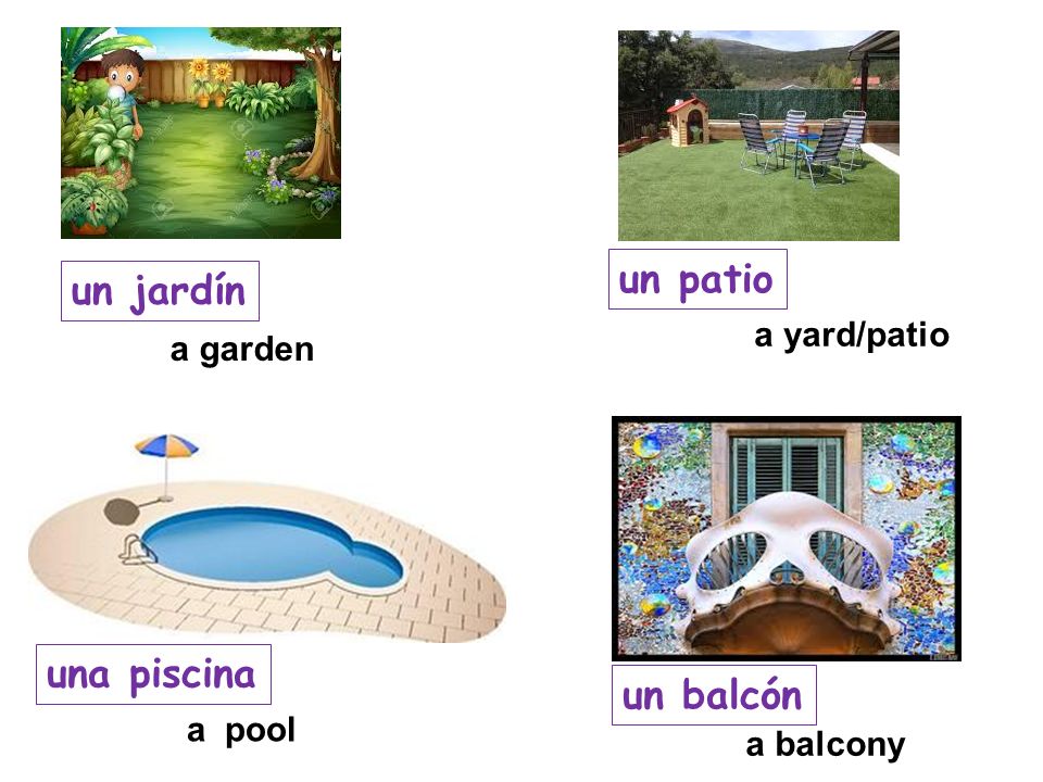 un patio un jardín una piscina un balcón a yard/patio a garden a pool
