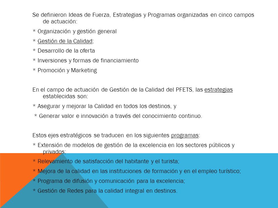 Se definieron Ideas de Fuerza, Estrategias y Programas organizadas en cinco campos de actuación: