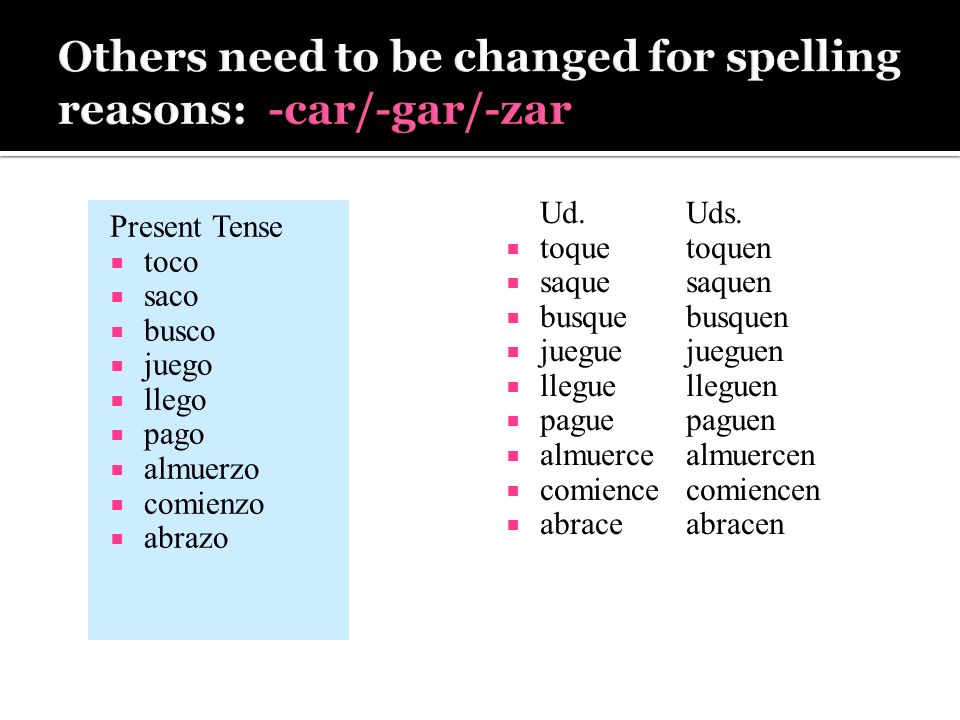 Others need to be changed for spelling reasons: -car/-gar/-zar