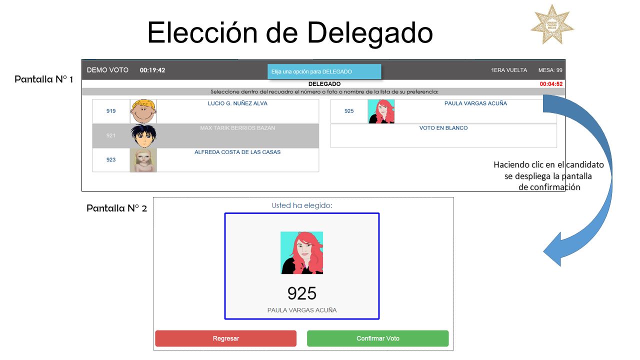 Elección de Delegado Pantalla N° 1 Pantalla N° 2