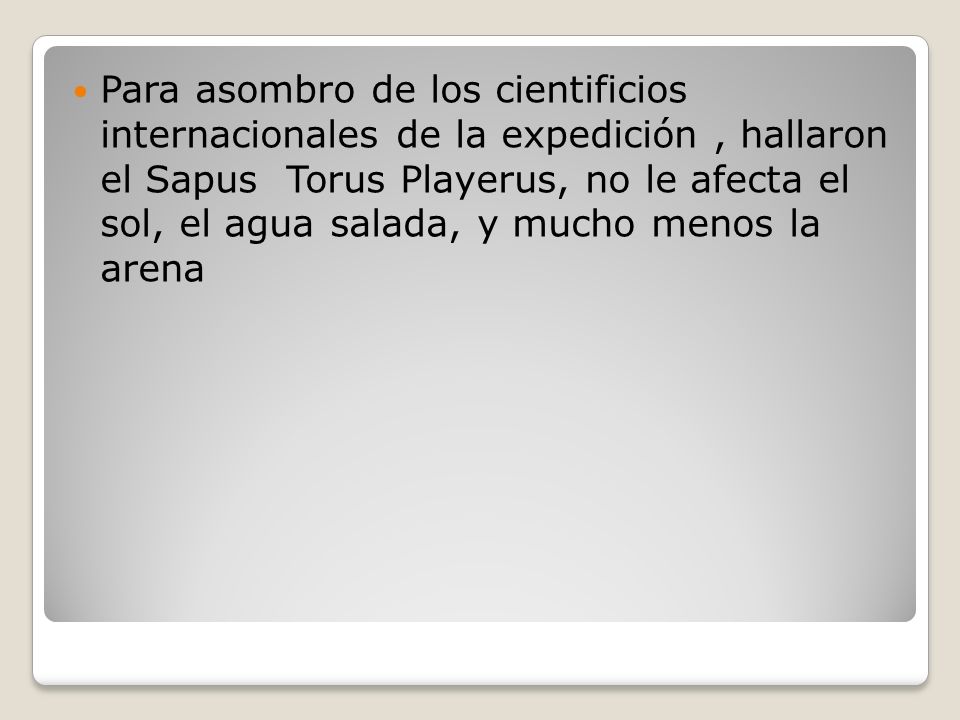 Para asombro de los cientificios internacionales de la expedición , hallaron el Sapus Torus Playerus, no le afecta el sol, el agua salada, y mucho menos la arena