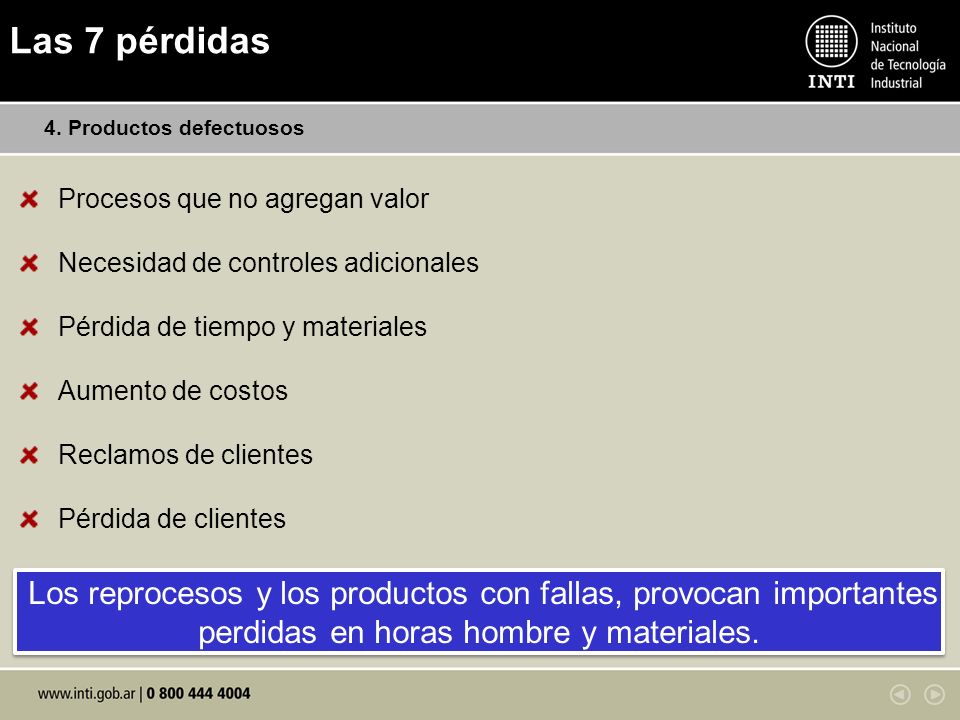 Las 7 pérdidas 4. Productos defectuosos. Procesos que no agregan valor. Necesidad de controles adicionales.